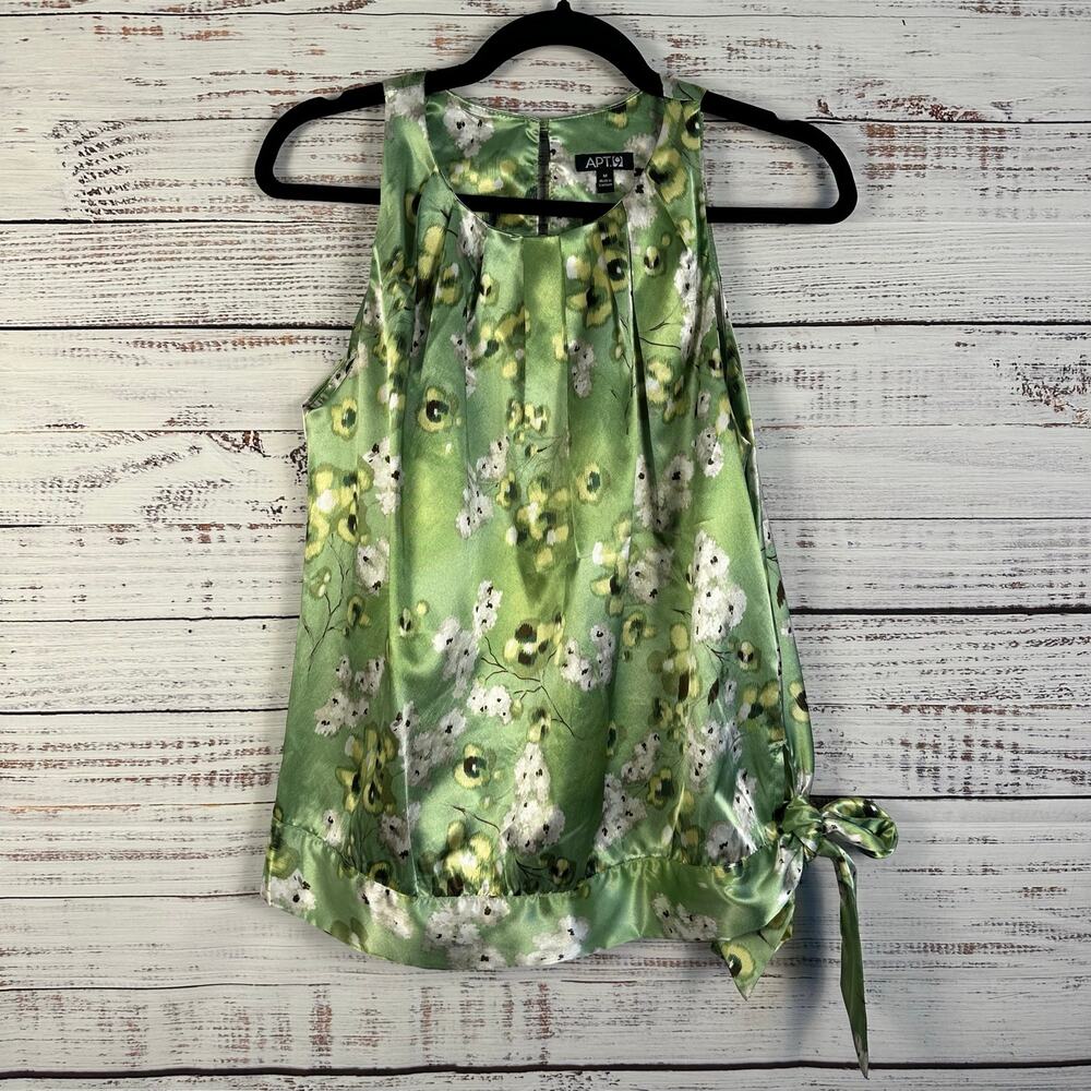 Y2K Apt 9 Green Floral Satin Sleeveless Blouse Waist Side Tie Career Womens Sz M